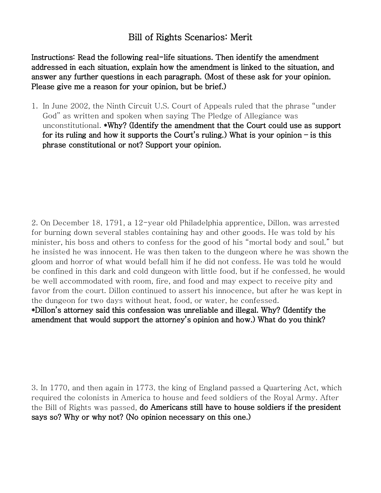 Bill Of Rights Scenarios Worksheet
