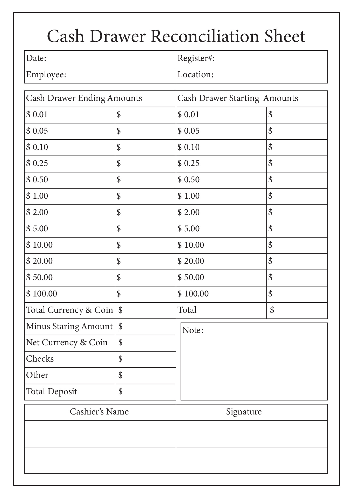 Printable Cash Count Sheet Excel Printable Word Searches
