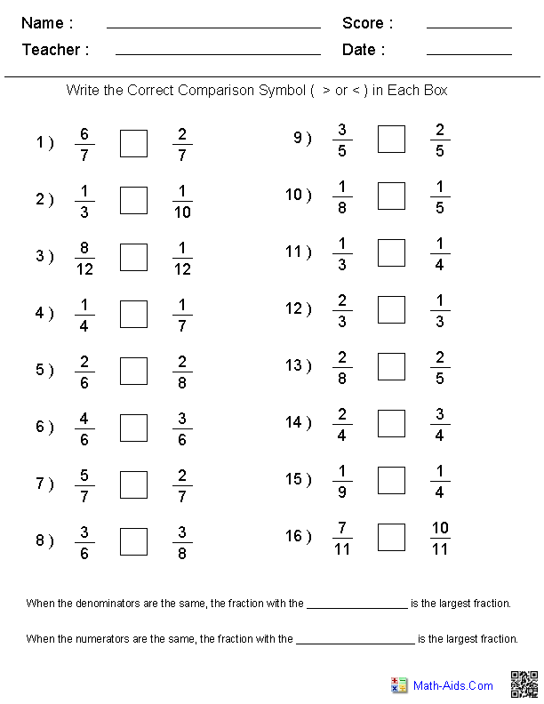 Comparing Fractions with Same Denominator Worksheet