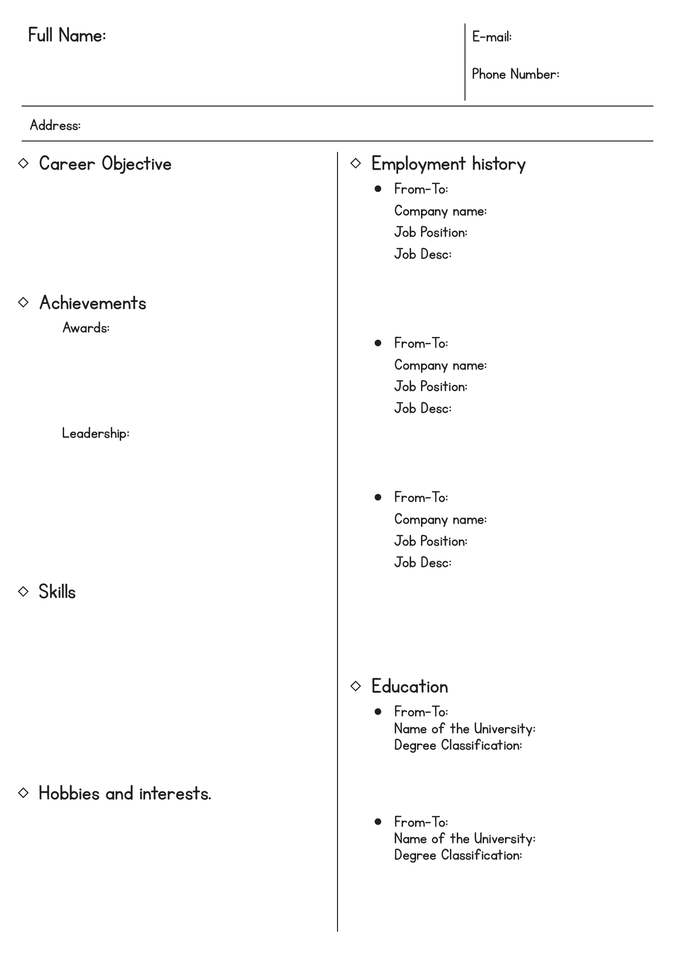 Printable Fillable Blank Resume Template Printable Templates