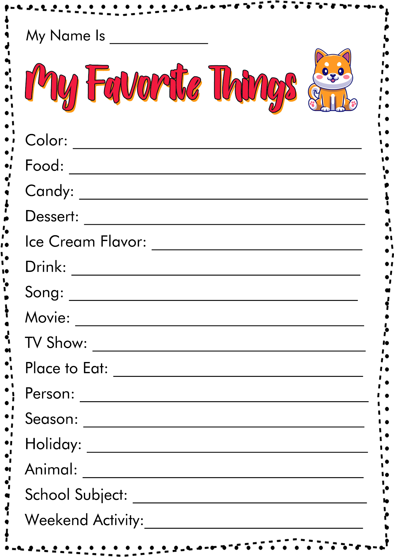 My Favorite Things Worksheet Free