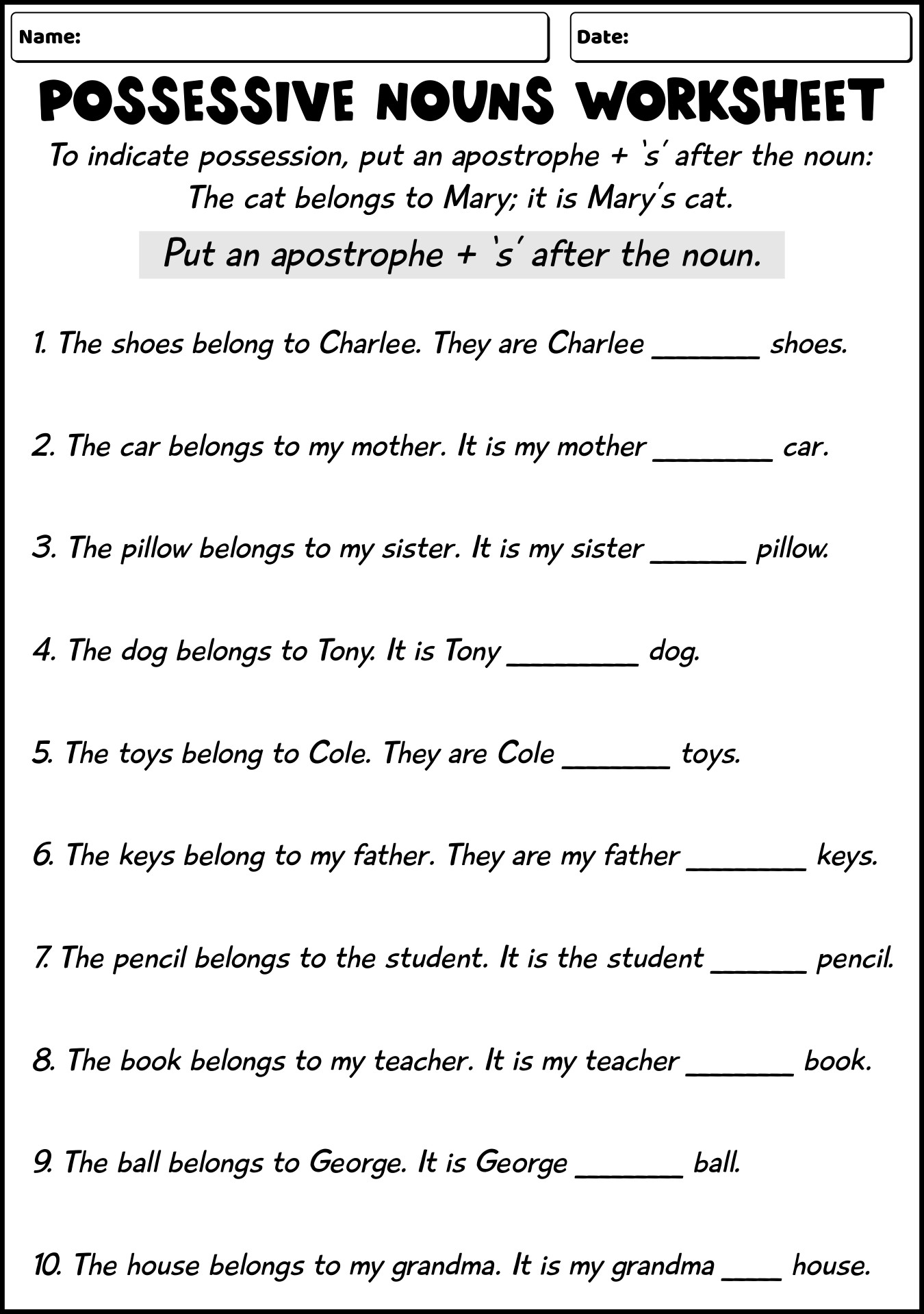 Possessive Nouns Worksheets Free Printable