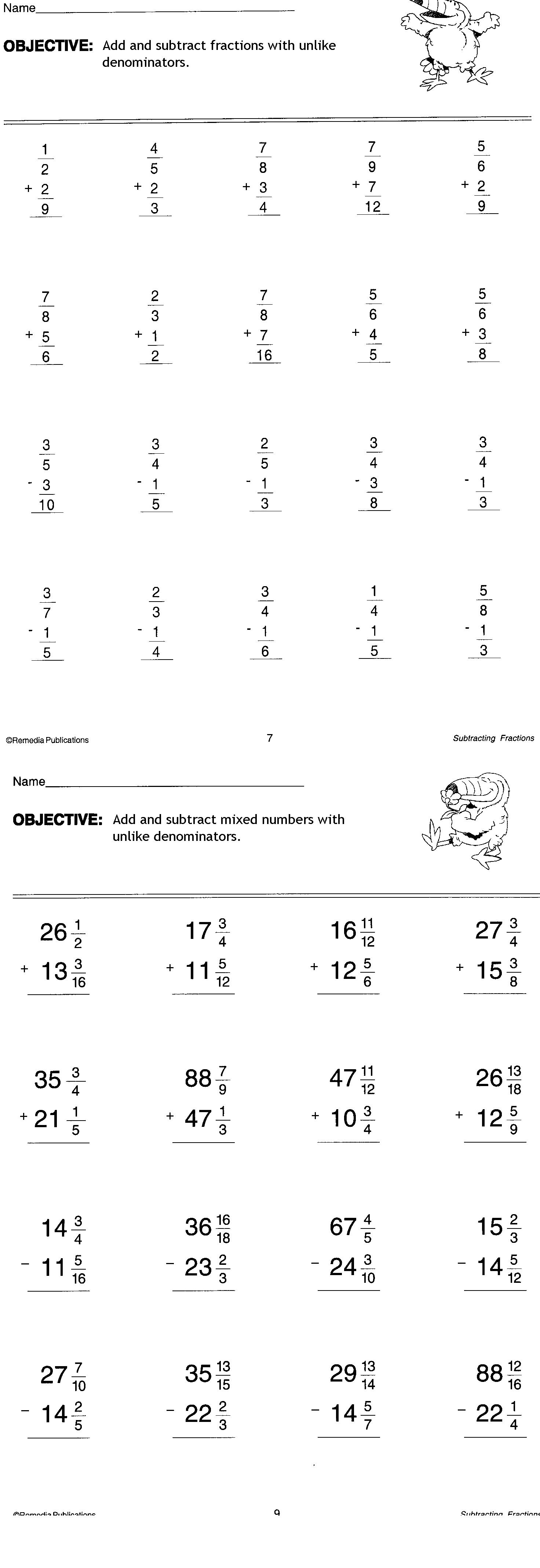 Subtracting Fraction Worksheets 7th Grade