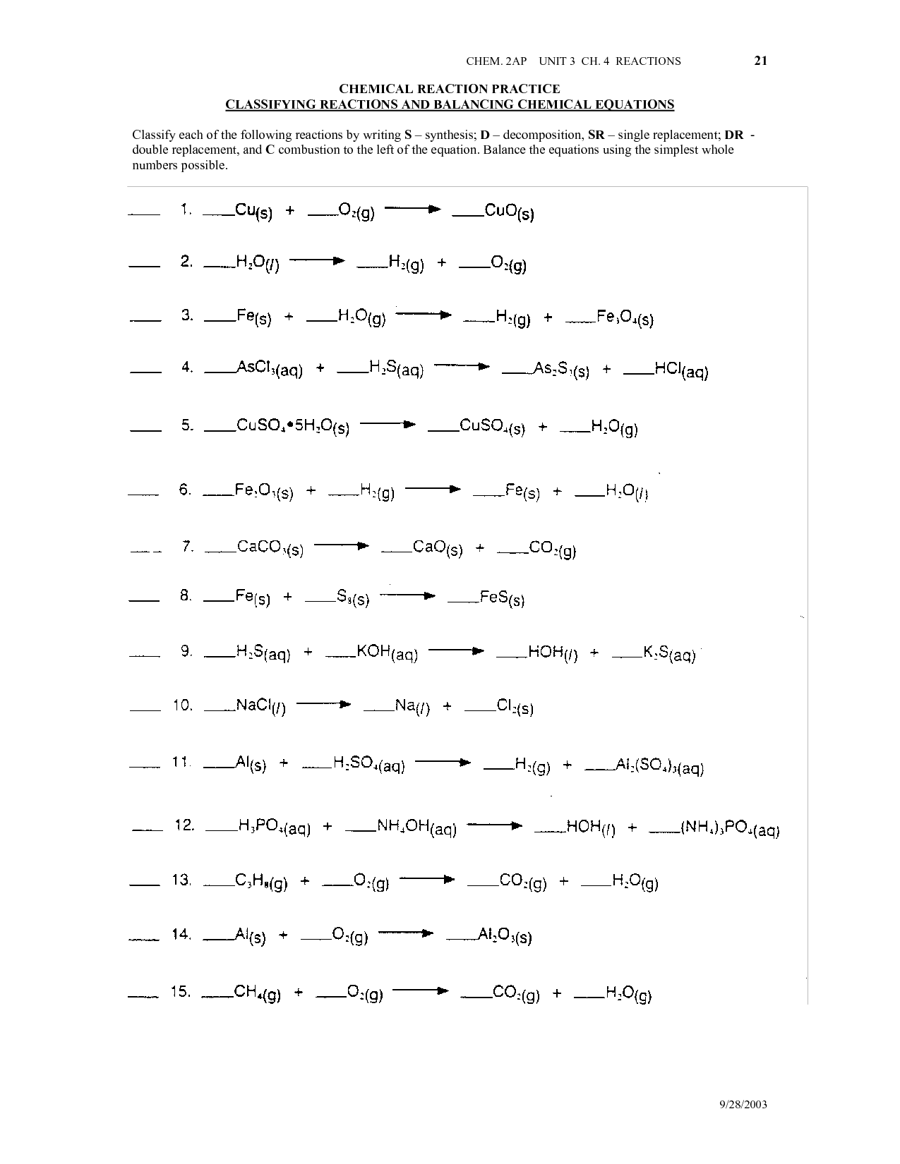 14 Best Images of Chemical Reactions Worksheet  Types Chemical Reactions Worksheets Answers 