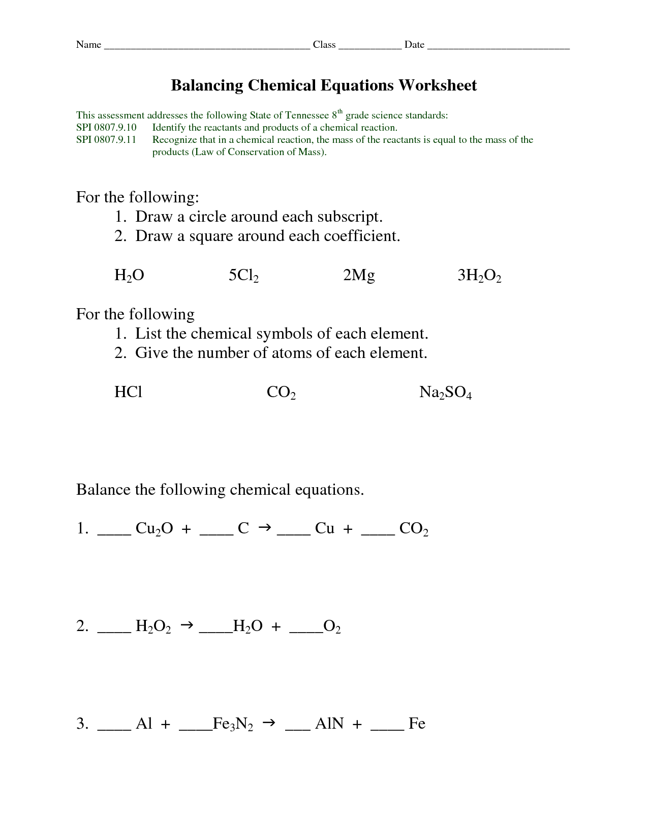 Balancing Chemical Equations Worksheet Answer Key