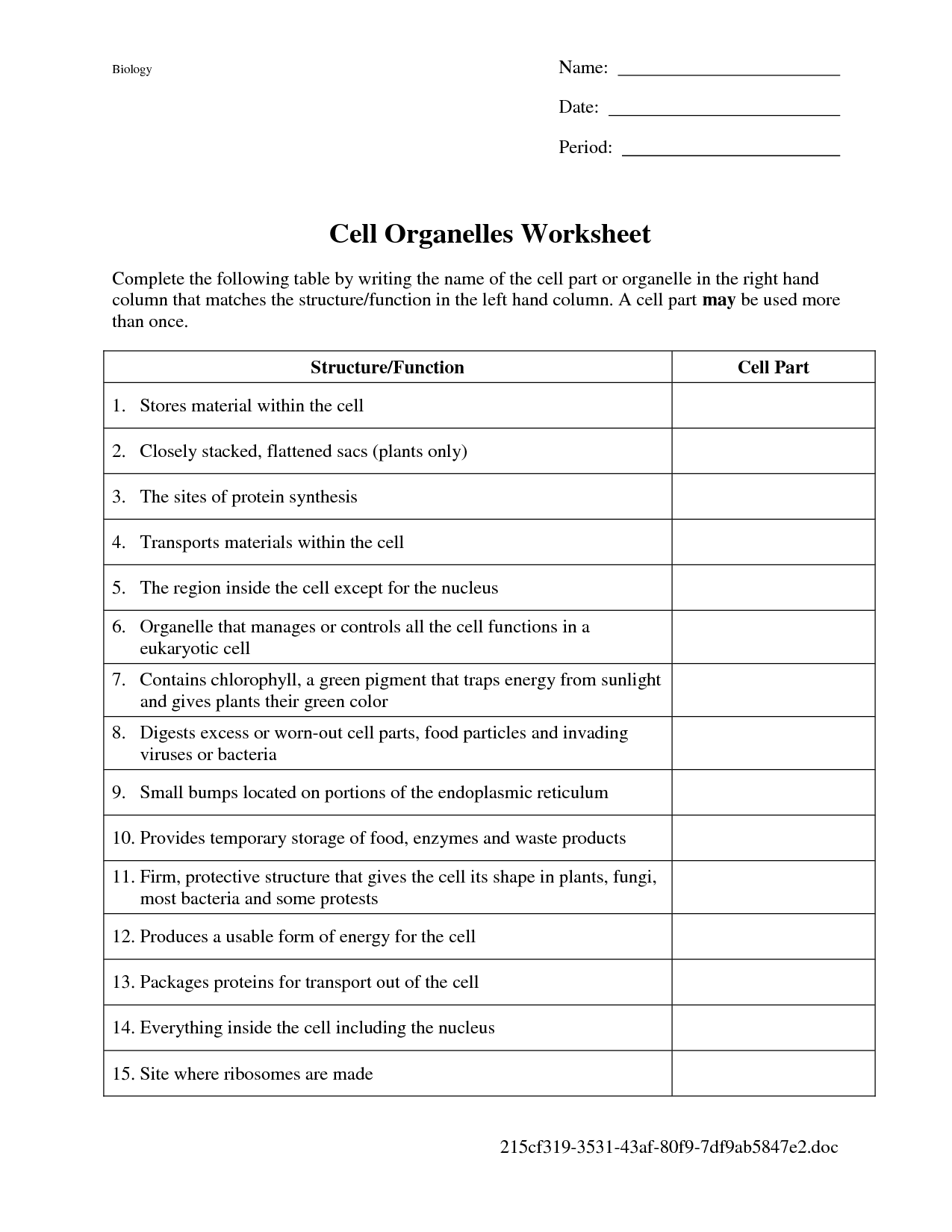 Cells And Their Organelles Worksheet