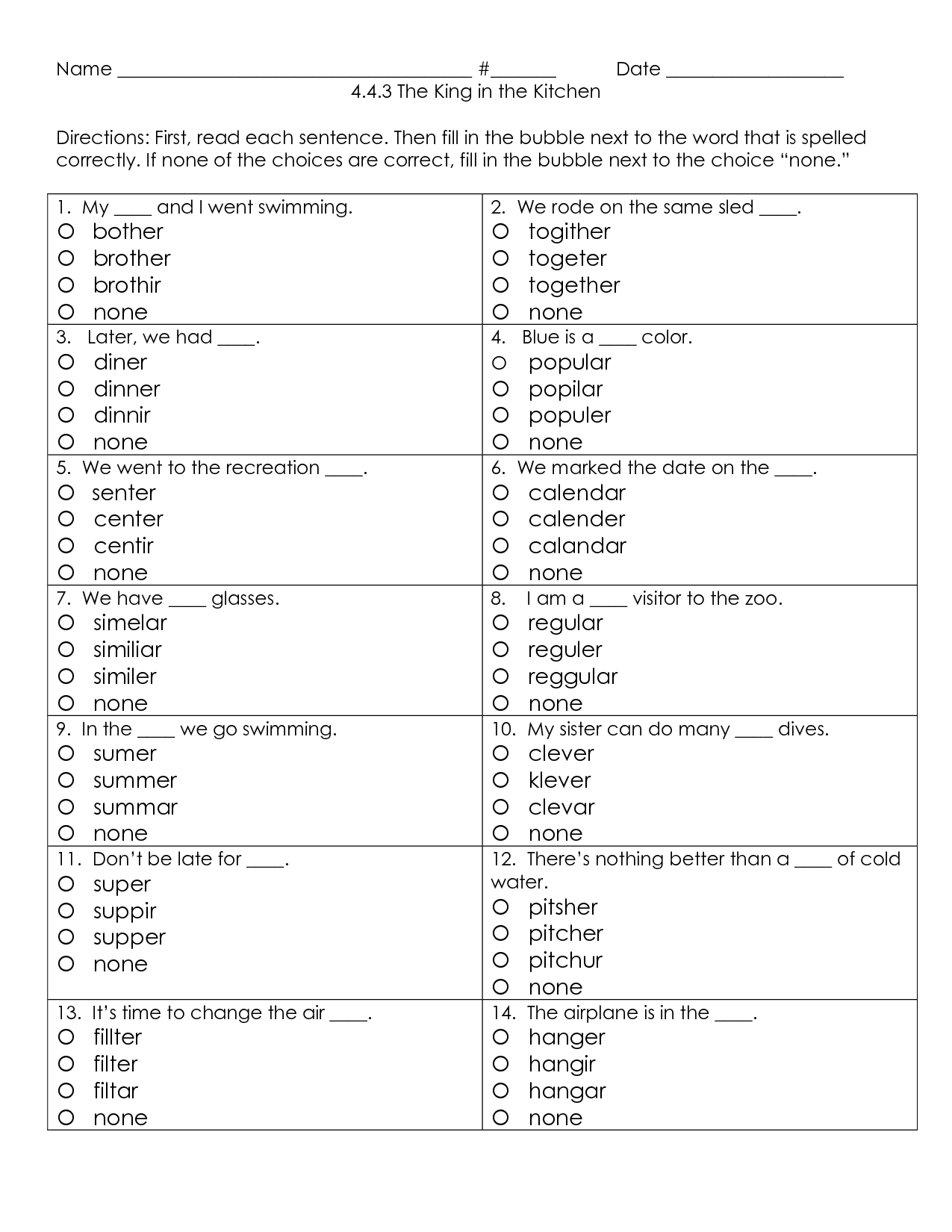 Elementary Multiple Choice Worksheet