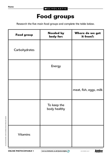 Nutrition Food Groups Worksheets