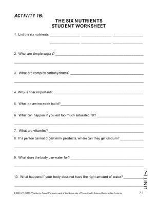 Nutrition Worksheets for High School Students