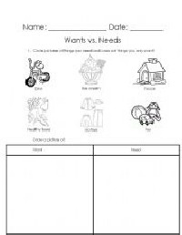 Kindergarten Needs and Wants Activity Worksheet