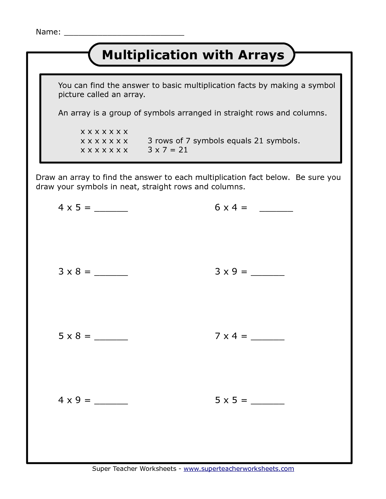 Array Model For Multiplication Worksheets