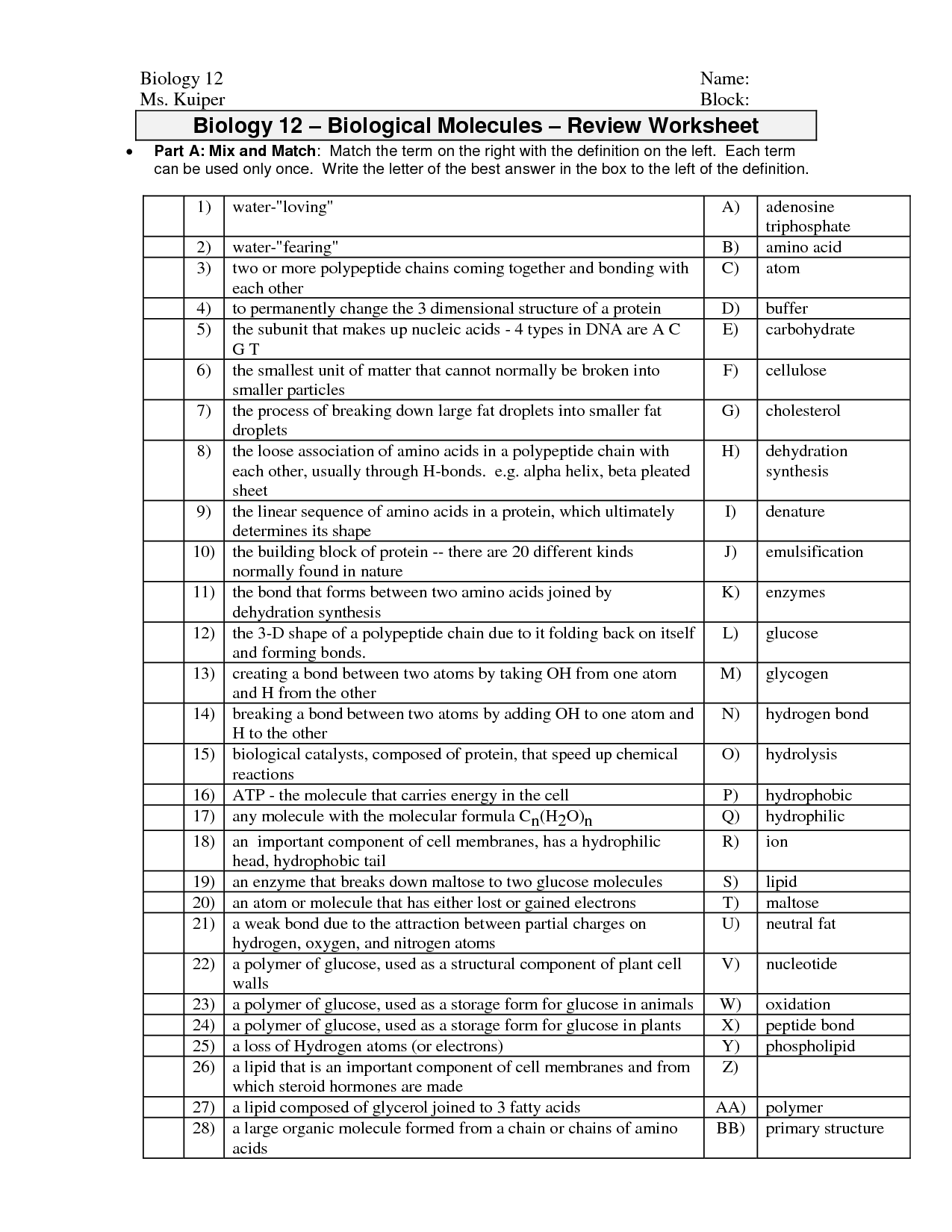 Organic Molecules Worksheet Answer Key