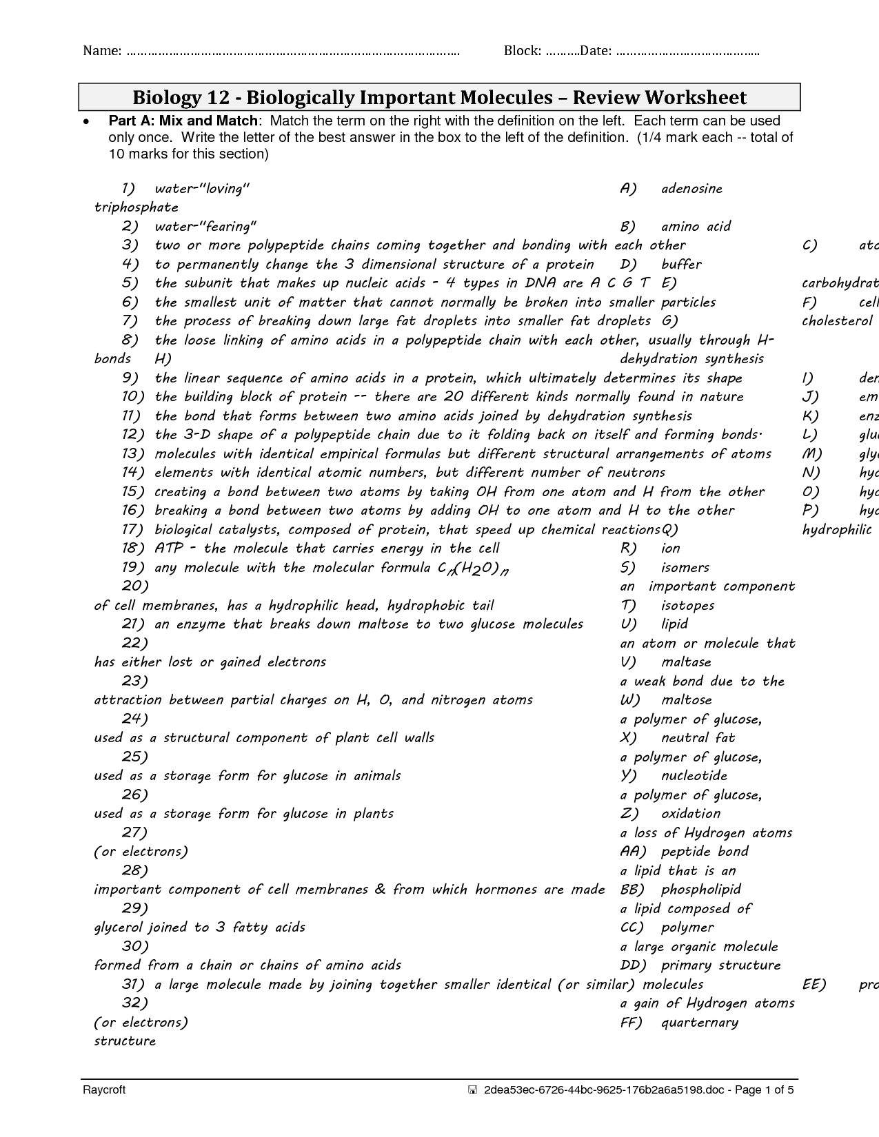 14 Best Images of Biological Molecules Worksheet Answers - Organic