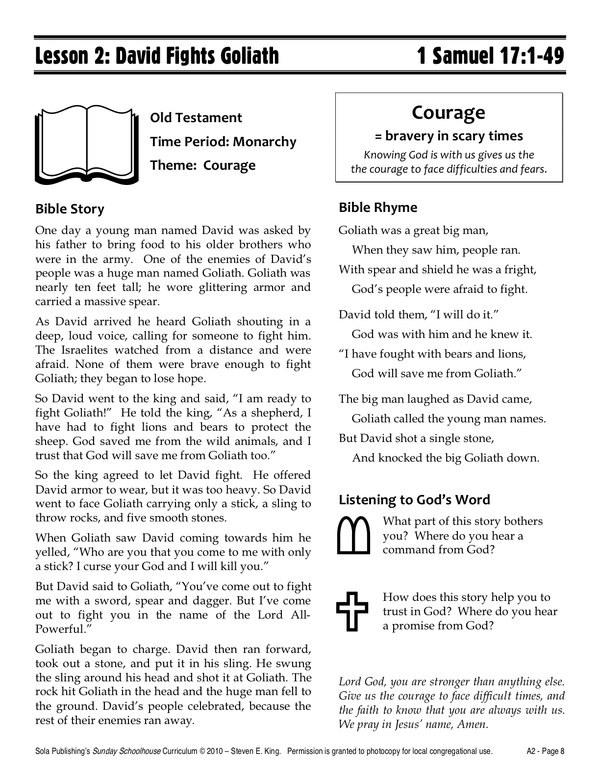 David and Goliath Sunday School Worksheets