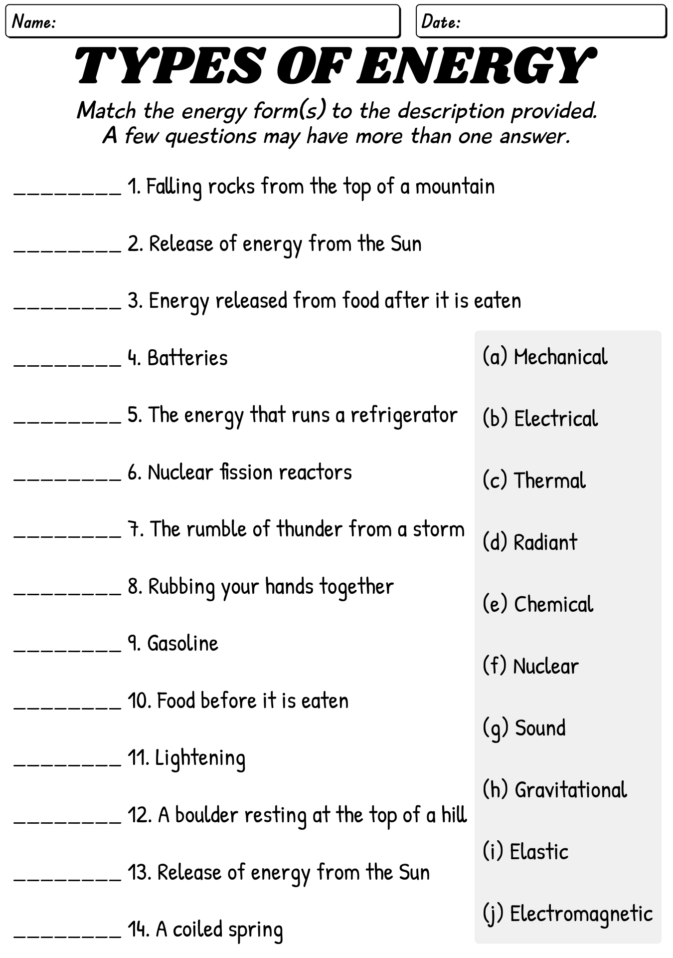 Printable Forms Of Energy Worksheet