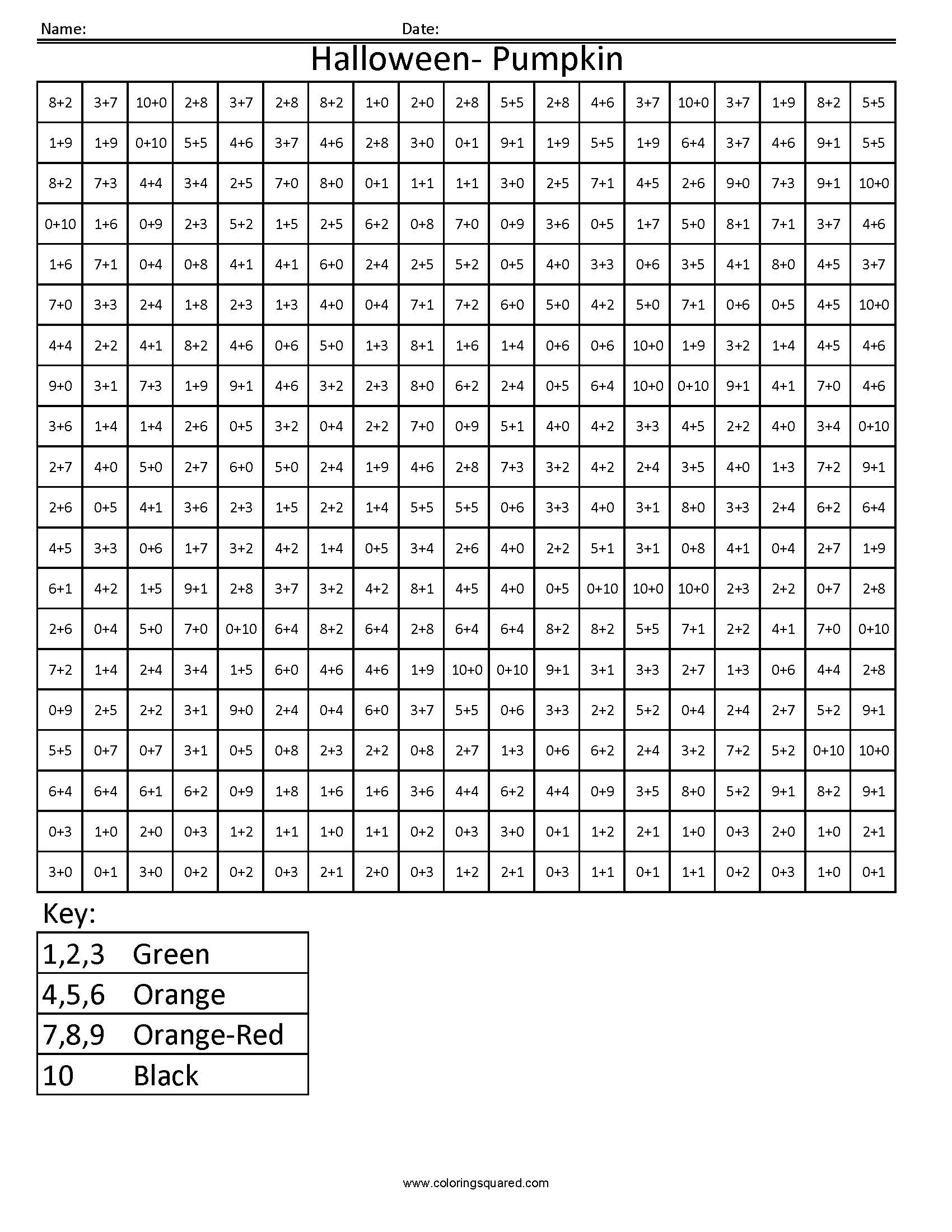 Halloween Math Coloring Squares Worksheets