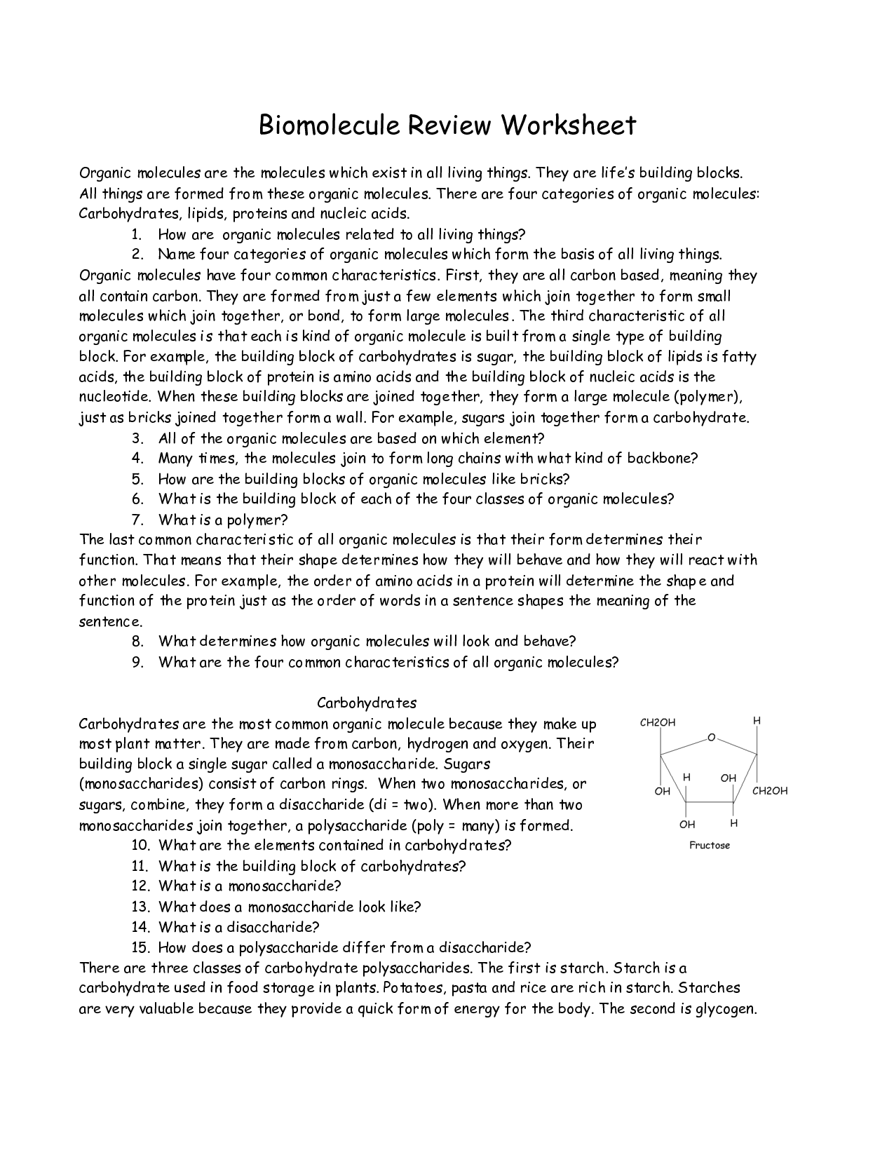 14 Best Images of Biological Molecules Worksheet Answers Organic