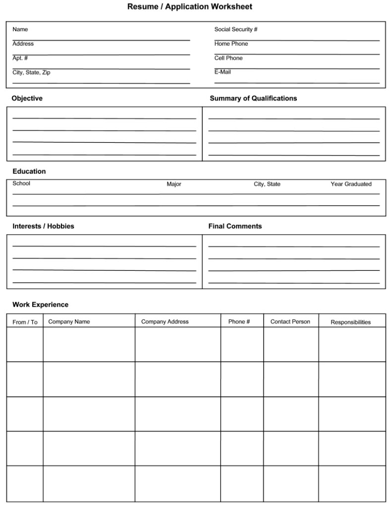 Resume Job Application Worksheets