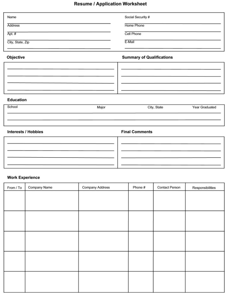 free-printable-resume-worksheet