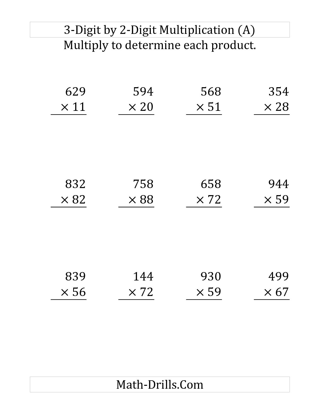 Three Digit By Two Digit Multiplication Worksheet With A Grid