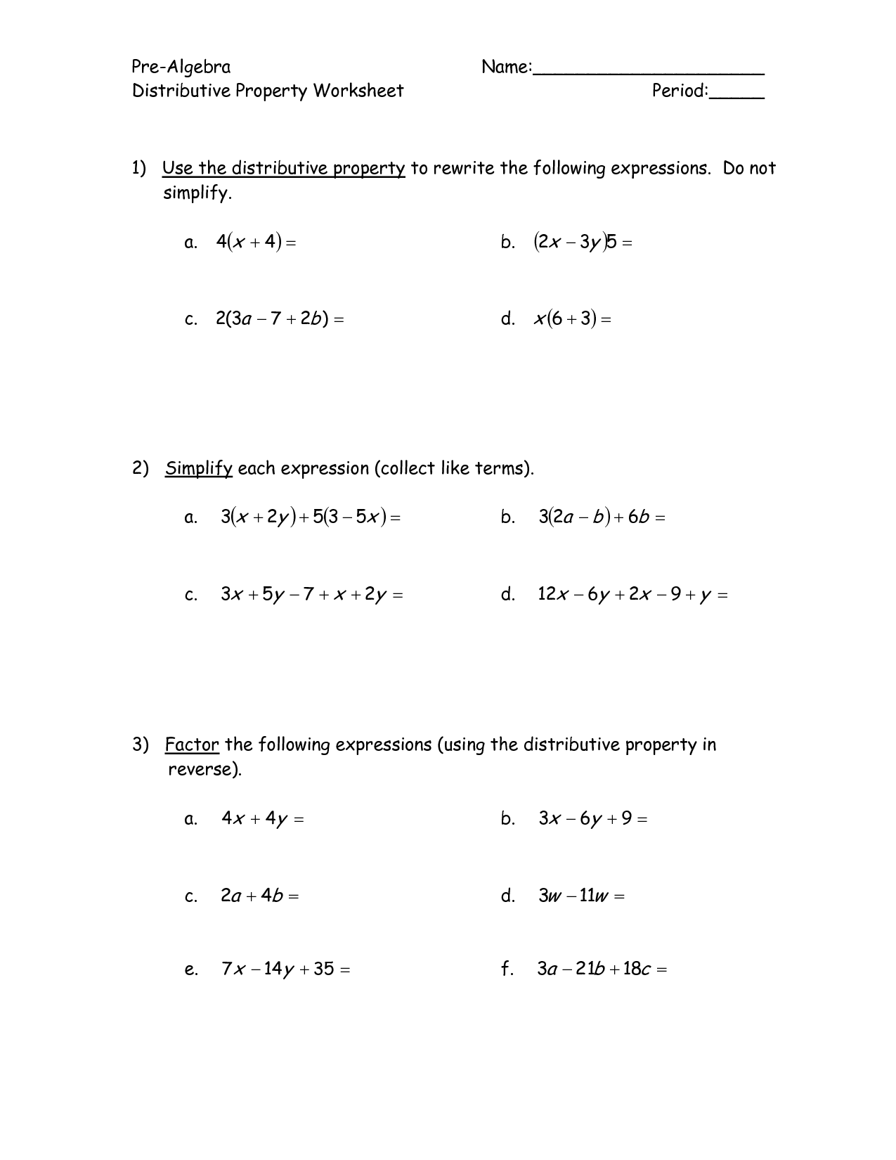 16 Best Images of Pre Algebra Worksheets Distributive Property  Distributive Property Math 