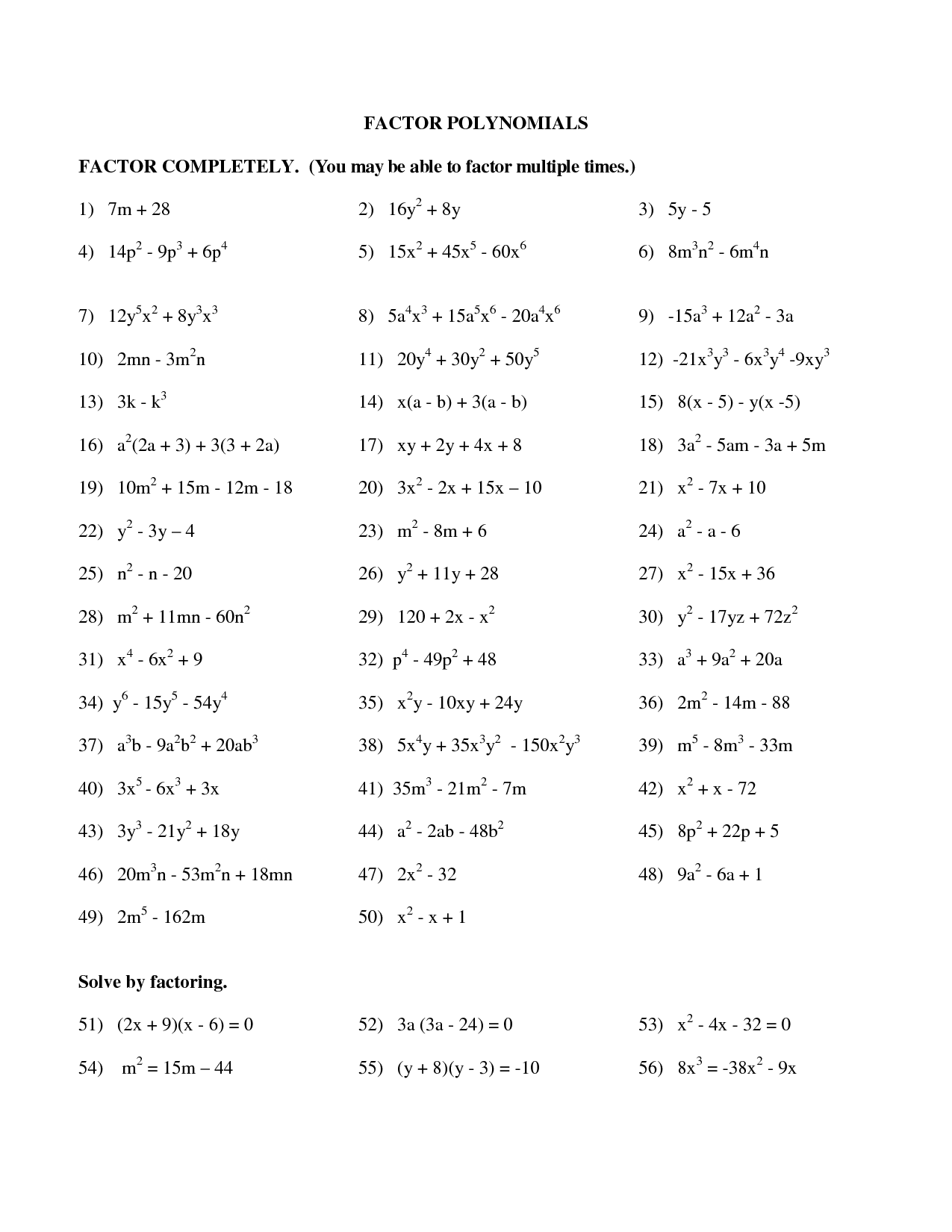 Factoring Polynomials Worksheet with Answers