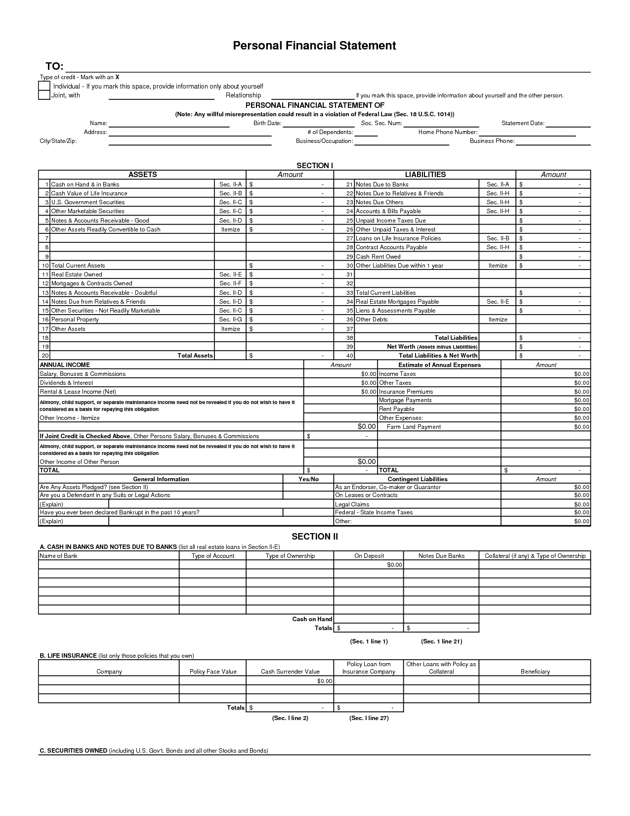 Excel personal financial statement