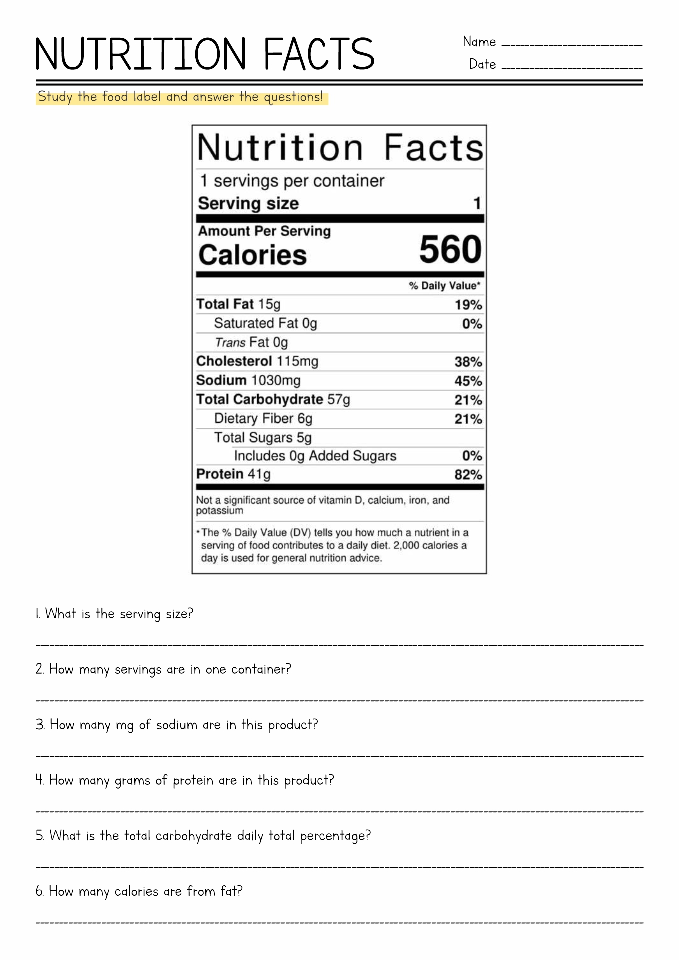 Nutrition Food Label Worksheet