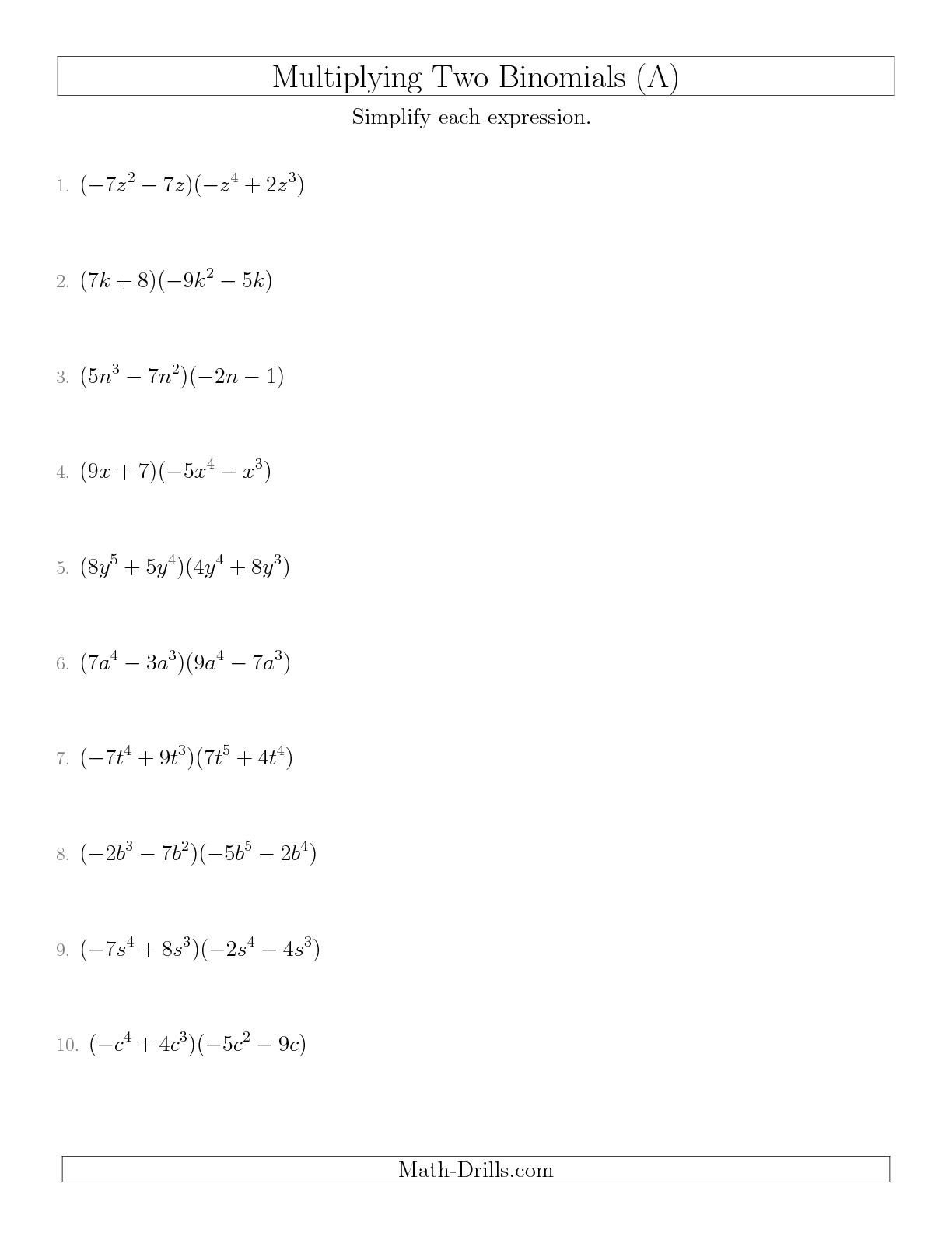 Polynomials Multiplying Binomials Worksheet