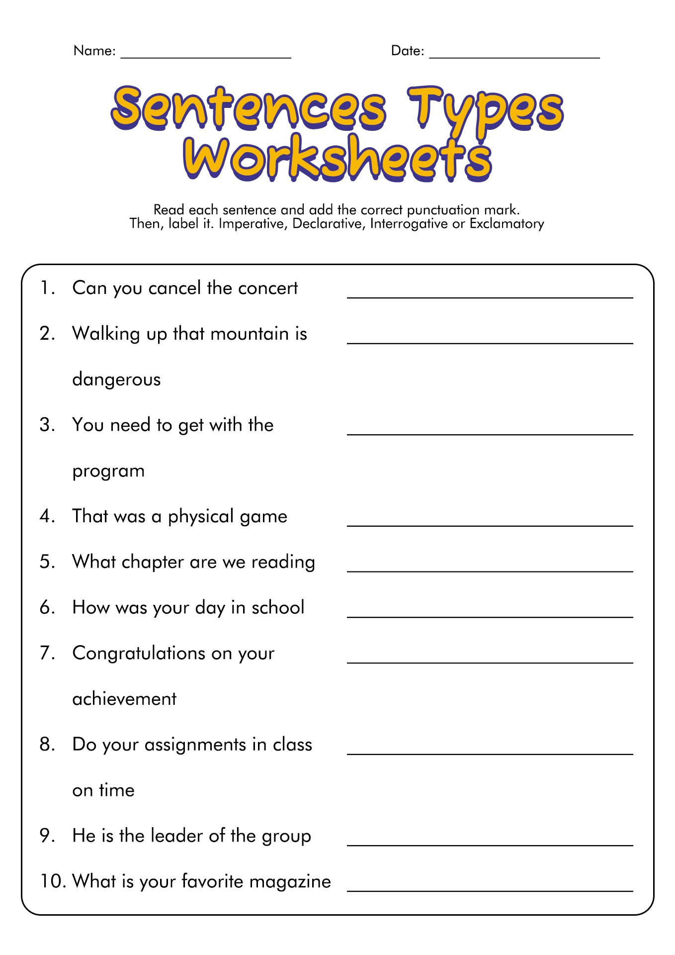 Kinds Of Sentence According To Use Worksheet