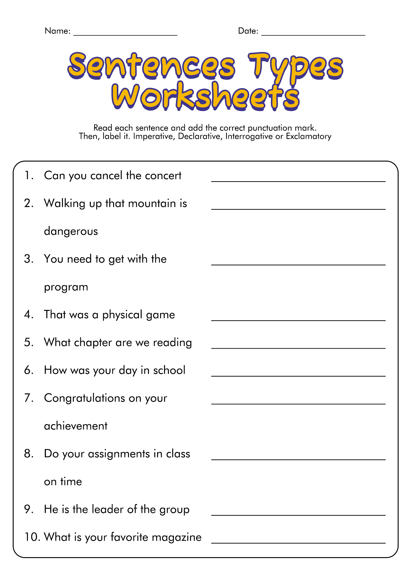 Four Sentence Types Worksheet