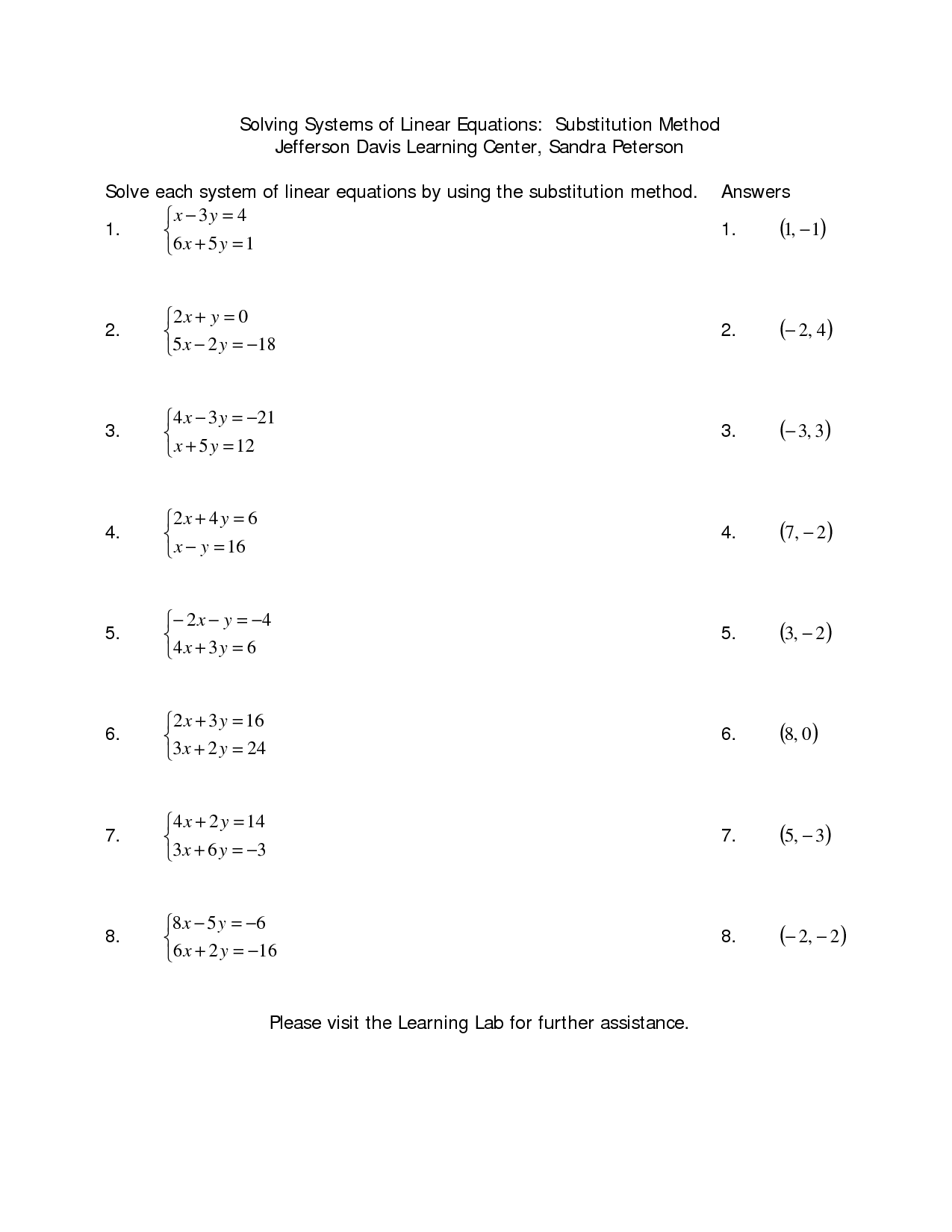 Substitution Method Worksheet Answers