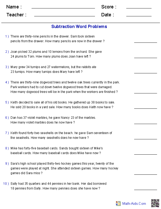 2-Digit Subtraction Word Problems Worksheets