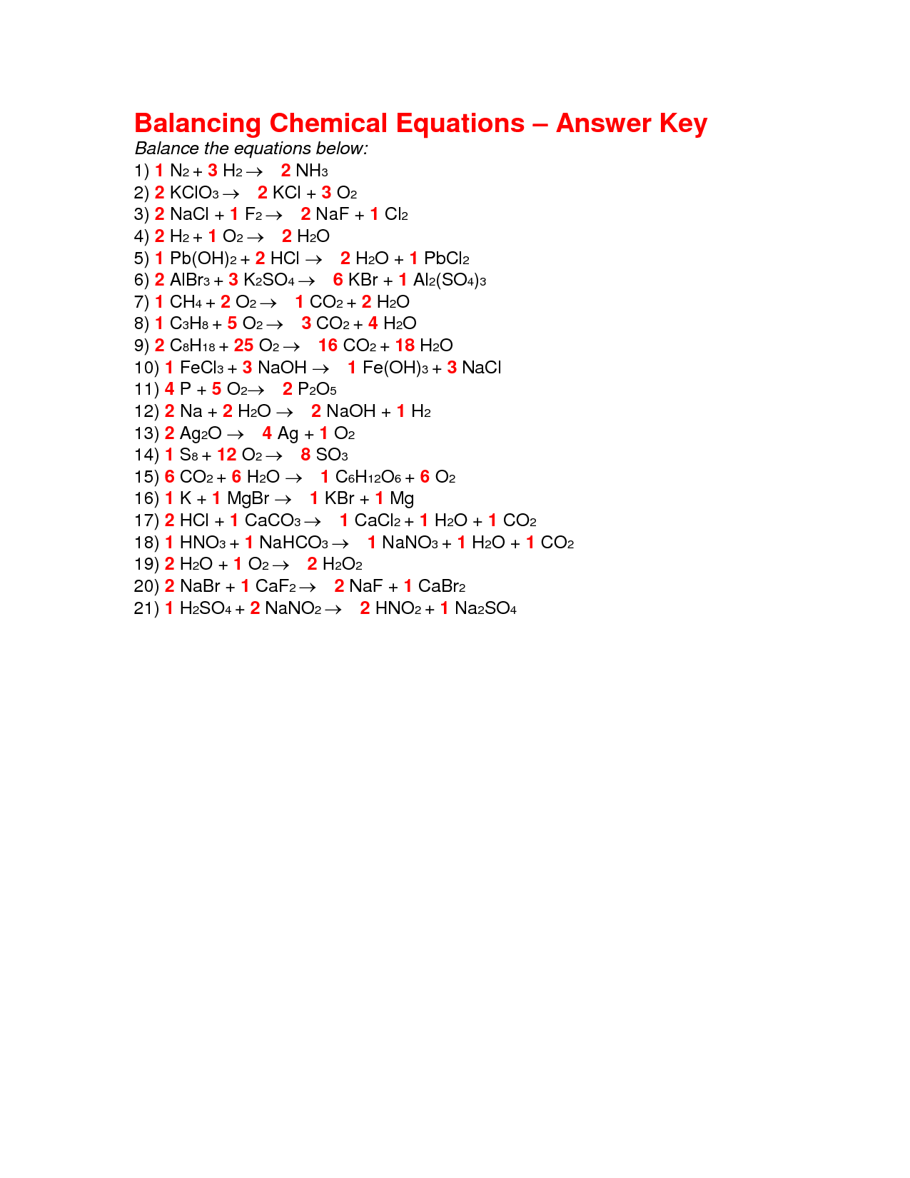 14 Best Images of Balancing Chemical Equations Worksheet Answer Key 1