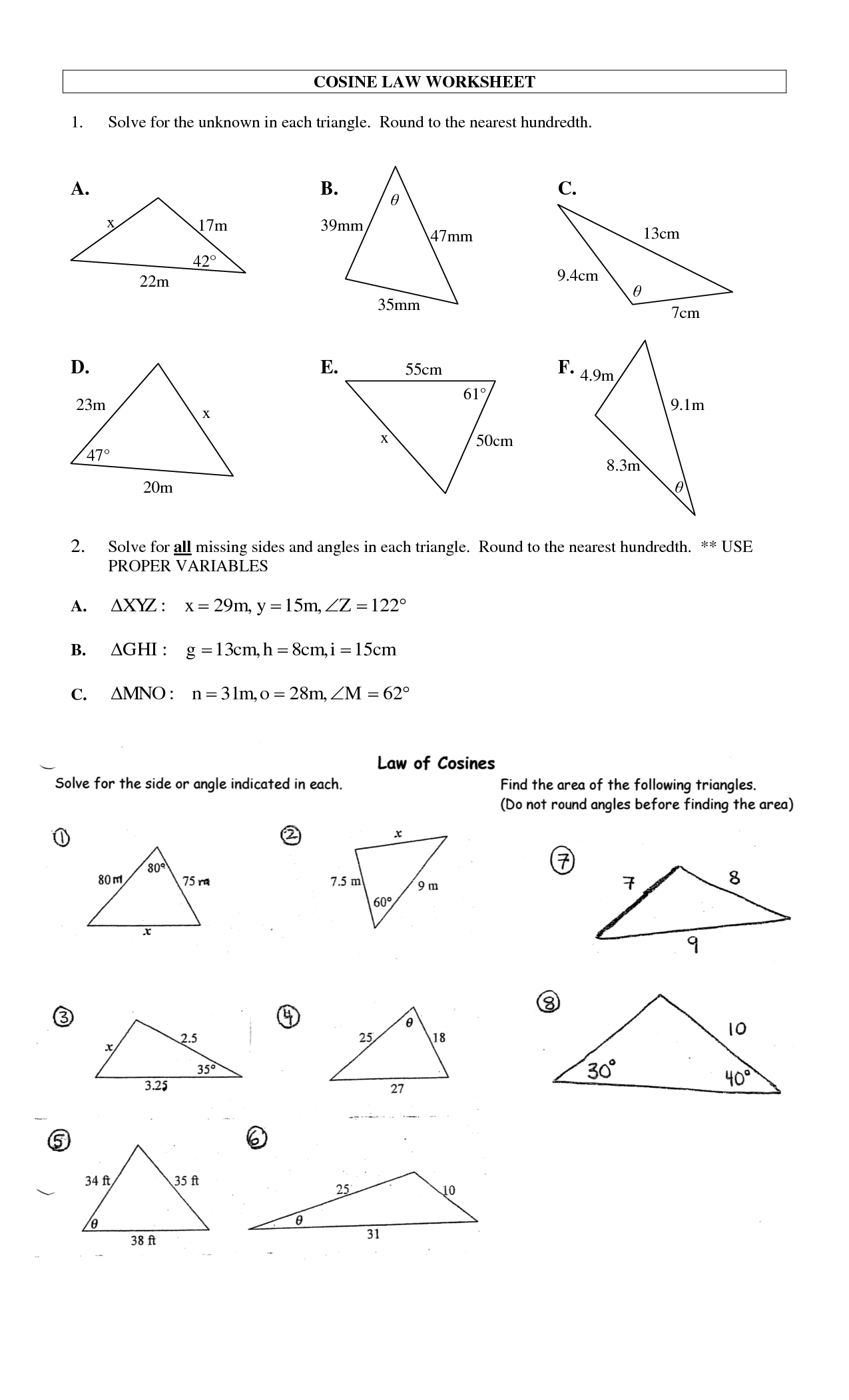 Law Of Sines And Cosines Worksheet Answers