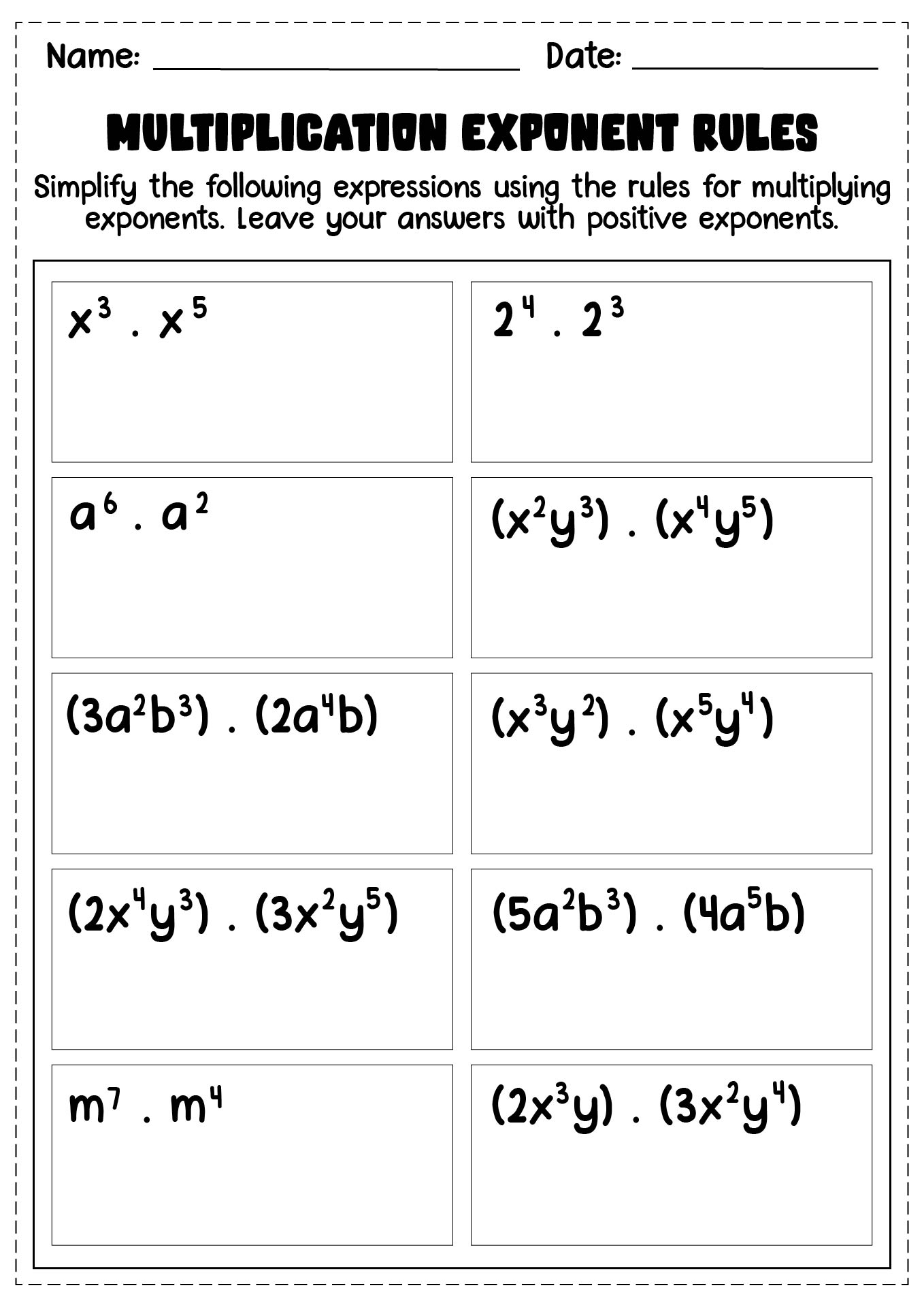 Exponent Rules Multiplication Worksheet