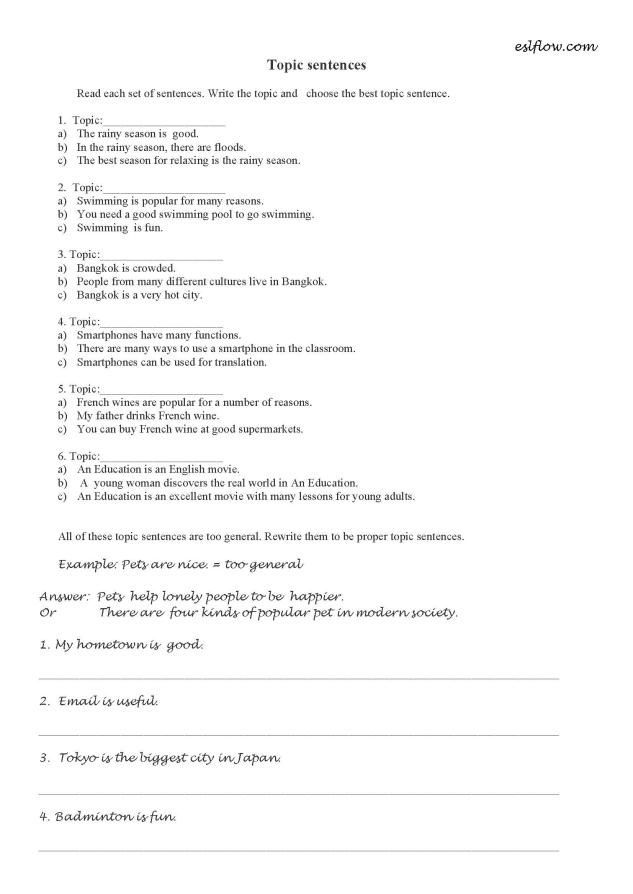 Topic Sentence Worksheet With Answer Key