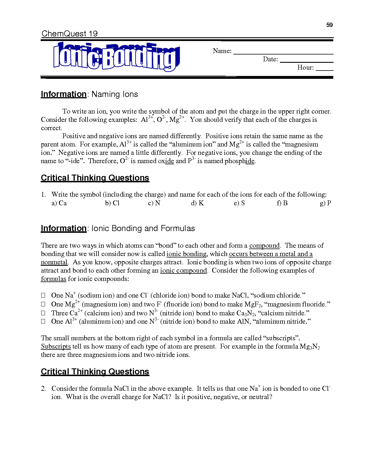 16 Best Images of Ionic Bonding Worksheet Answer Key  Chemistry Chemical Bonding Worksheet 