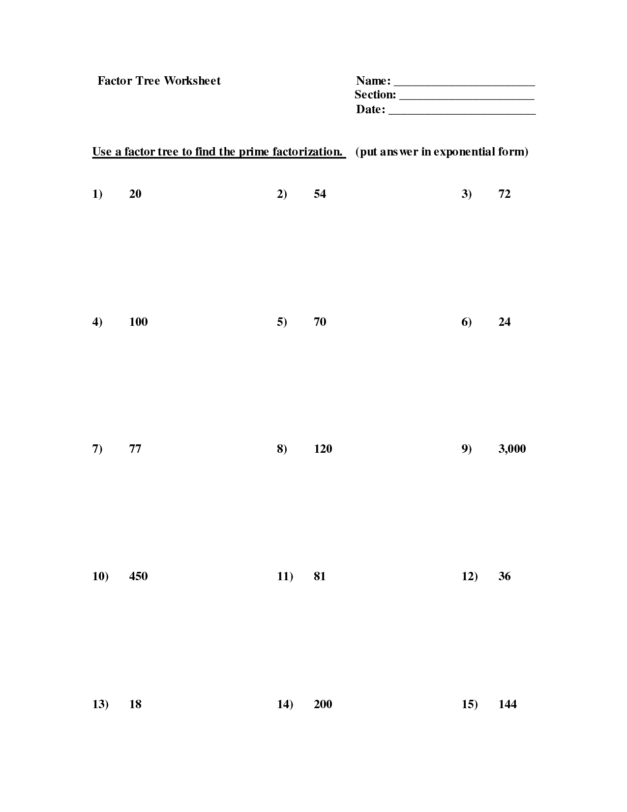 Factor Tree Worksheets
