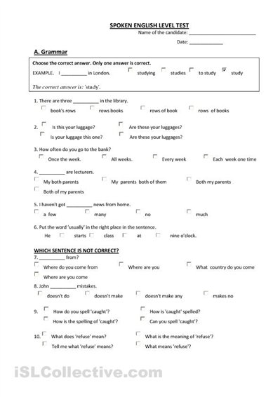 Grammar Worksheets for ESL Students