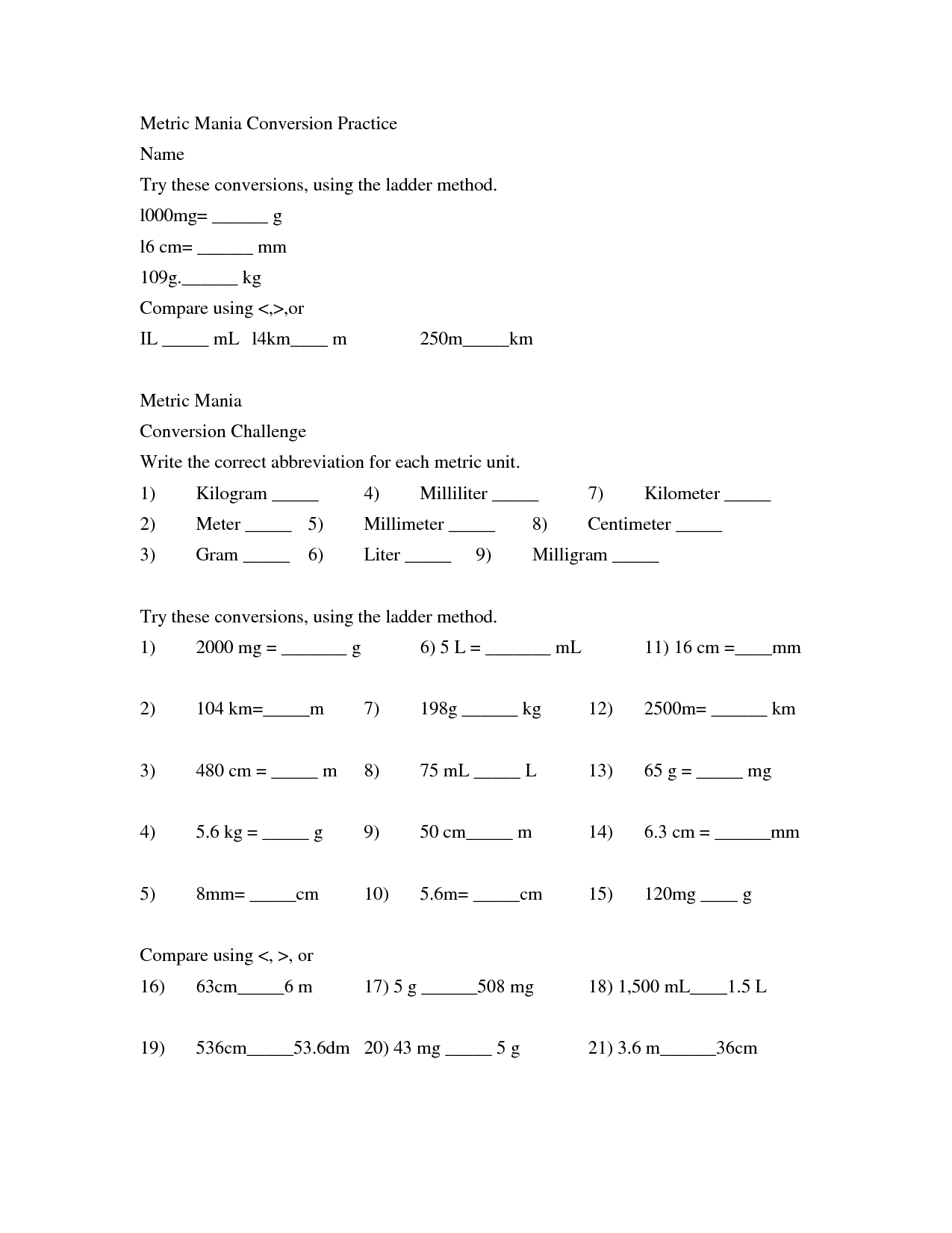 15 Best Images of Metric Mania Worksheet Answer Key  Metric System Conversion Worksheet, Metric 