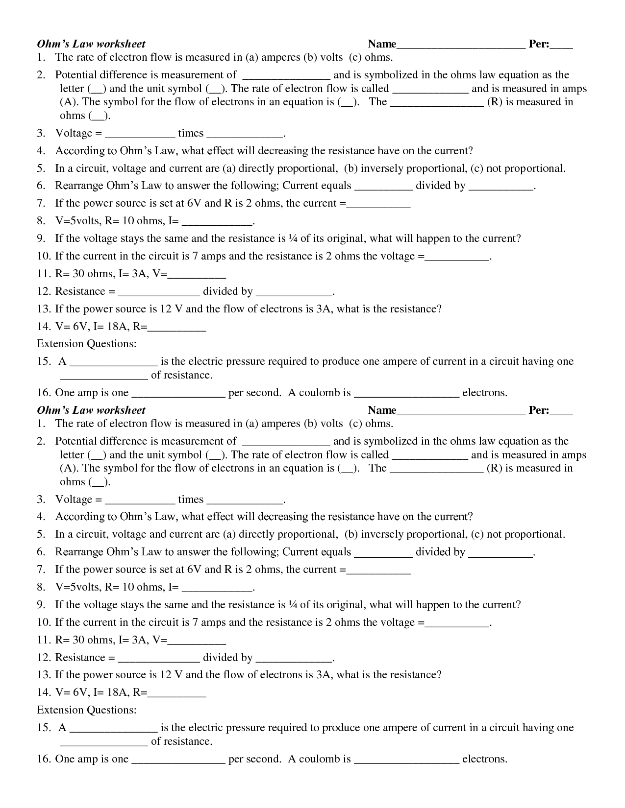Ohm Law Worksheet With Answers