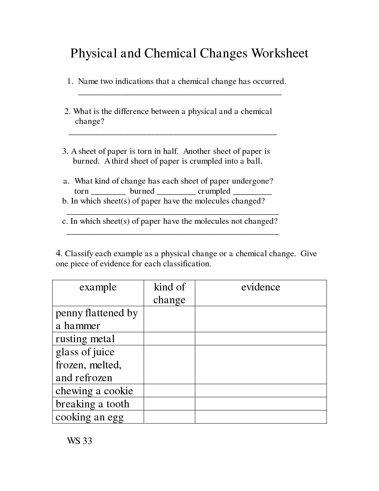 Physical Chemical Change Worksheets