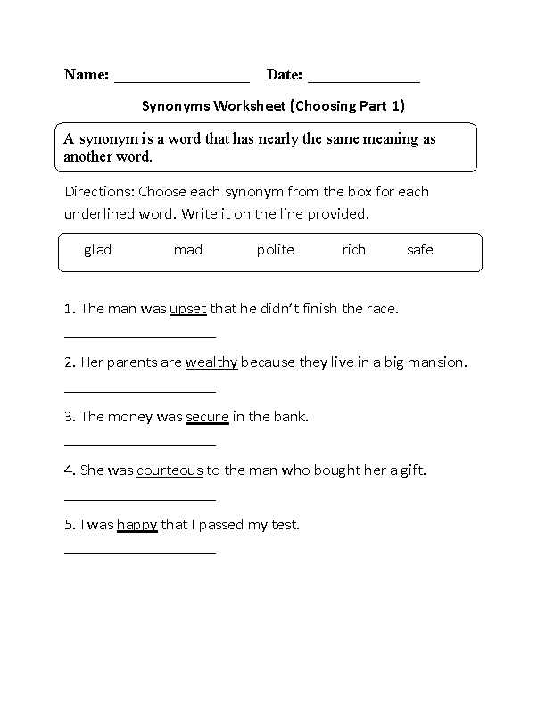 Synonym And Antonym Worksheets 2nd Grade