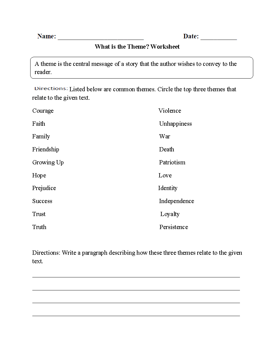 Identifying Theme English Worksheets