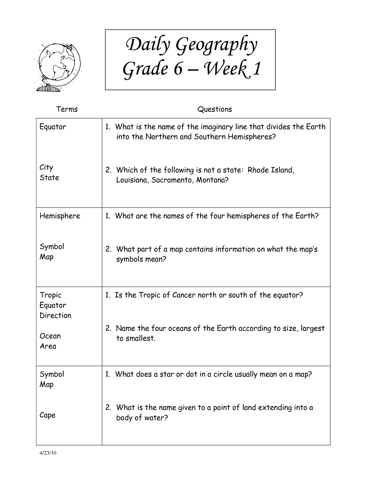 6th Grade Social Studies Worksheets