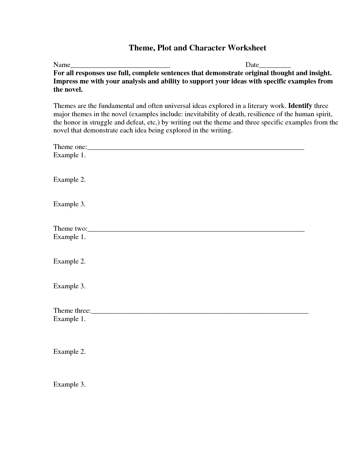 Character Setting Plot and Theme Worksheets