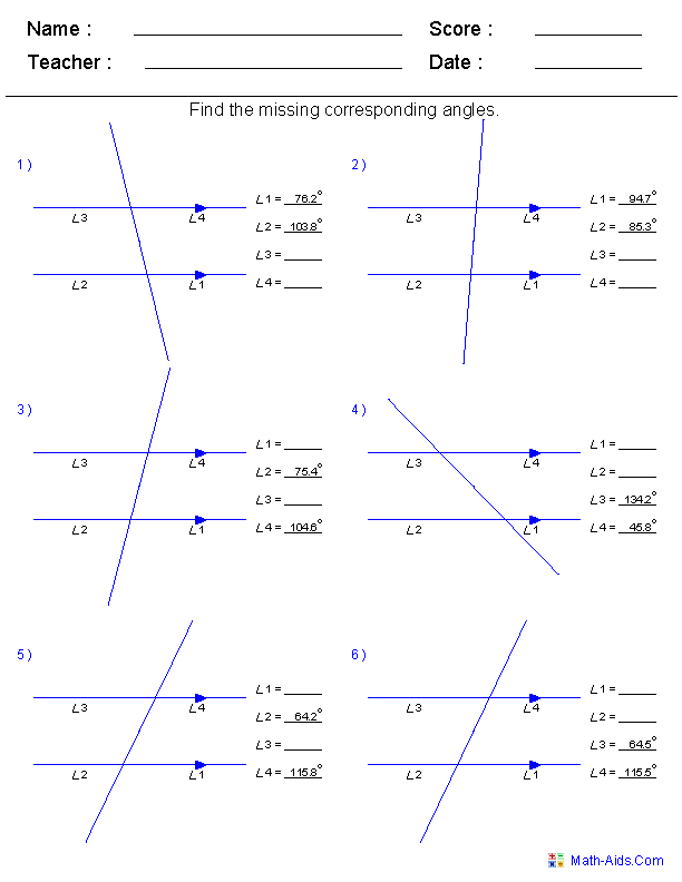 Corresponding Angles Worksheet