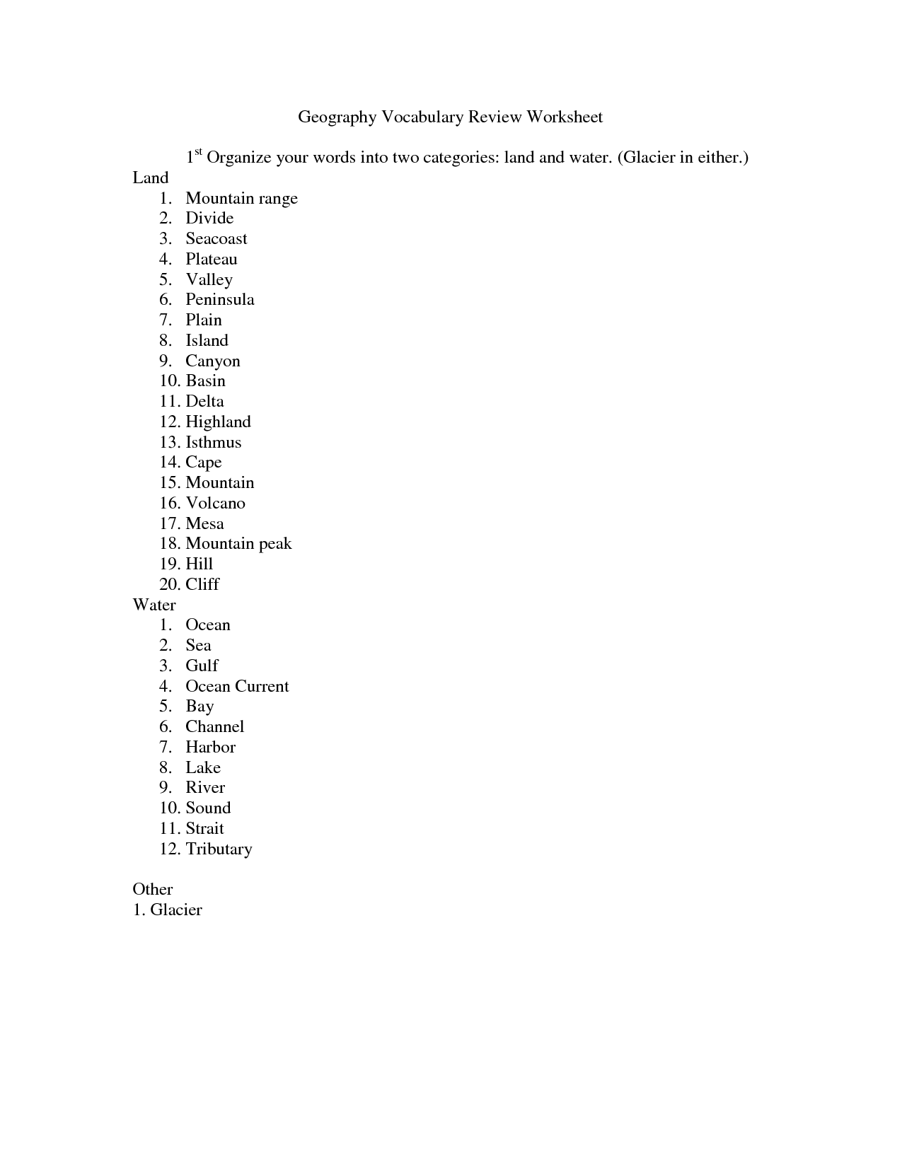 Geography Vocabulary Worksheets
