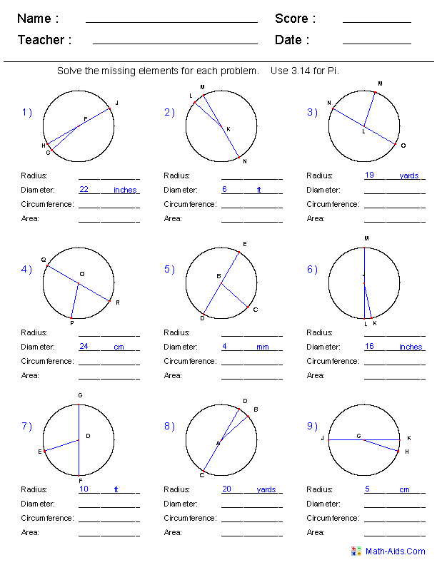 Geometry Circle Worksheets